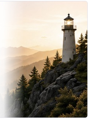 Lighthouse on a misty mountain cliff — symbol of Panhandle Beacon's community purpose
